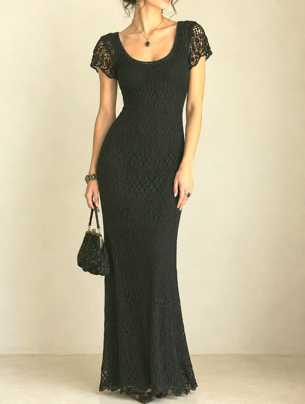 Vintage Gothic Old Money Y2k Mark Edwards Black Crochet Lace Scoop Maxi Dress